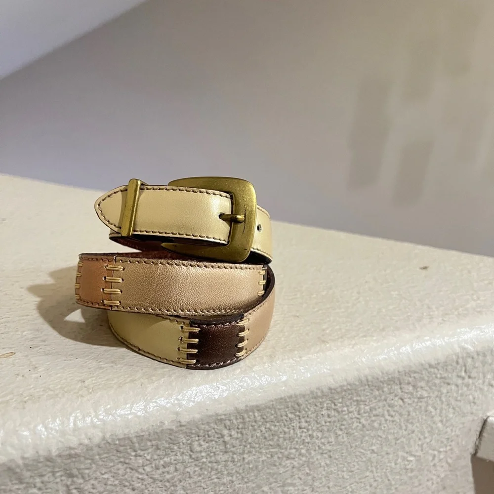 FOSSIL Leather Multi-Color Stitched Sections Belt GoldTone Size Medium‎